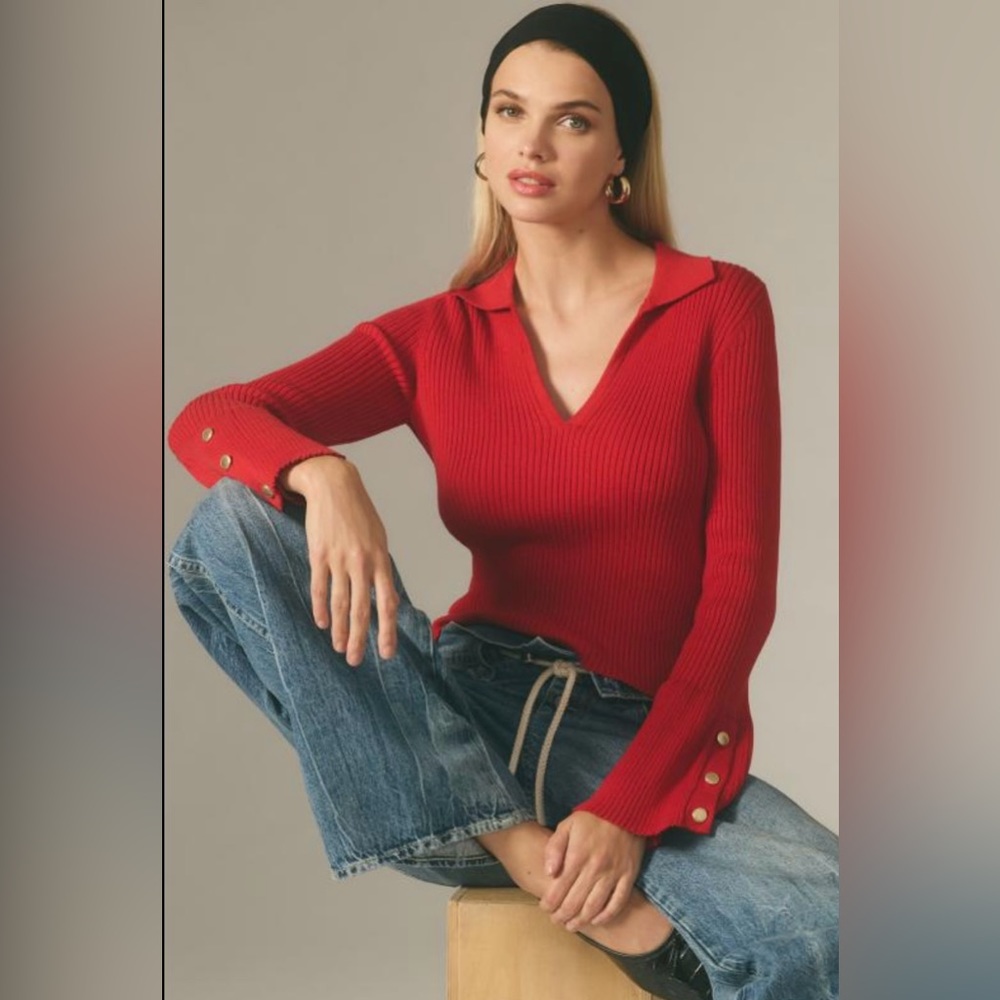 Maeve Ribbed V-Neck Red Polo Sweater